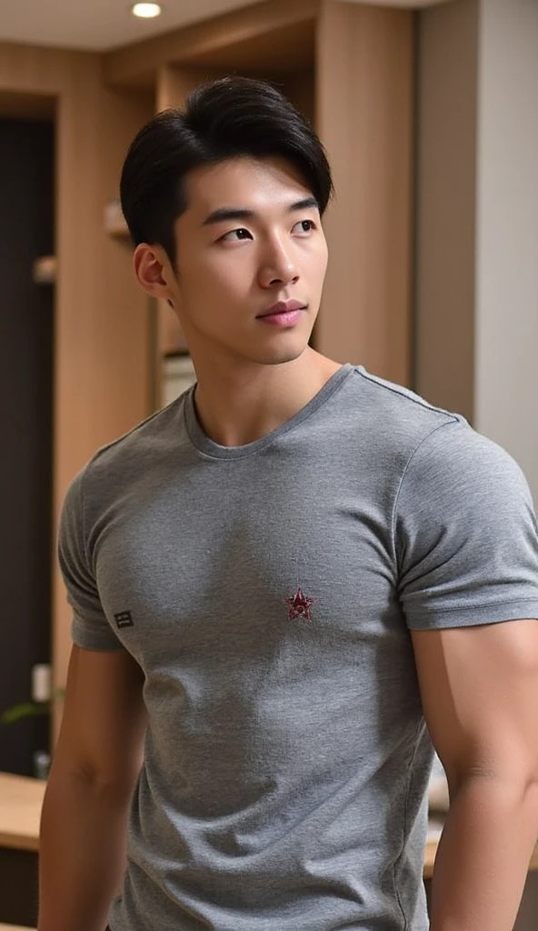 A young Asian man stands, handsome, muscular, looking at the camera. In a plain brown t-shirt, In the computer room