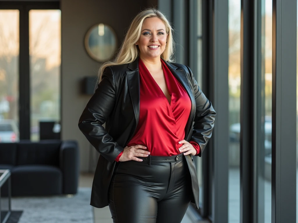 Ellie, alone, 50-year-old woman, slightly-side-parting voluminous tucked-behind-shoulders straight long haircut, fair-skinned, grey-blonde hair, blue eyes, wearing red turtleneck top under black blazer, black smart pants, garnet rhombus pendant necklace, garnet rhombus drop earrings, red leather high-heeled ankle boots, large breasts, slim body, smiling facial expression, standing slightly-side-on, both hands grabbing belt buckle, legs apart, facing camera, in futuristic office, full body photo, hyperdetailed photography