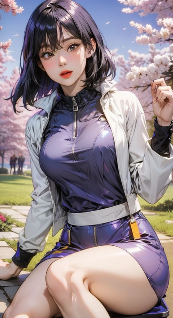 masterpiece, absurdres, hinata\(boruto\), 1girl, solo,mature female, cowgirl, huge ass, outdoors, flower field, thigh high, cloudy sky, perfect composition, detailed lips, huge breast, cleavage,beautiful face, body propotion, blush, (pink lips), long hair,  purple eyes,  soft gaze, sad smile,  super realistic, detailed, photoshoot, realistic face and body,  realistic hair, realistic eyes, realistic nose, realistic lips, black hair, short hair, detailed hand and legs, detailed eyes