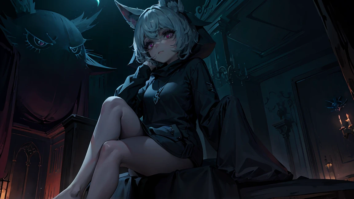 girl, large black sweatshirt, sitting posture, calm look, Sitting in front, legs open, a dark room, evil eyes, sexy pose, erotica,  glowing skin, Looking ahead, facial expression