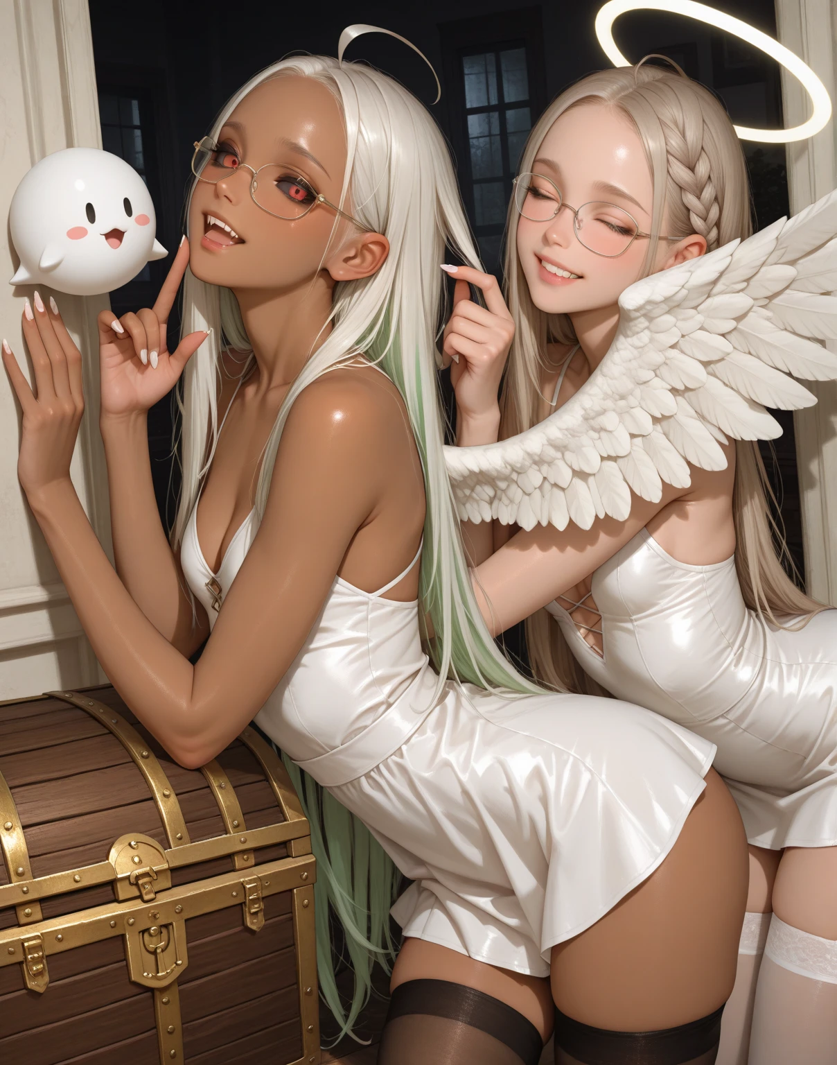 a robotic angel (Based on a lovely woman, sheer white airy gown, obvious mechanical sections and joints, neon high lights and indicator lights, angel wings with rainbow colored feathers) is posing on a futuristic stage, the phone number to order her is printed along the bottom f the screen (show her from head to toe, show her entire body, show all of her)