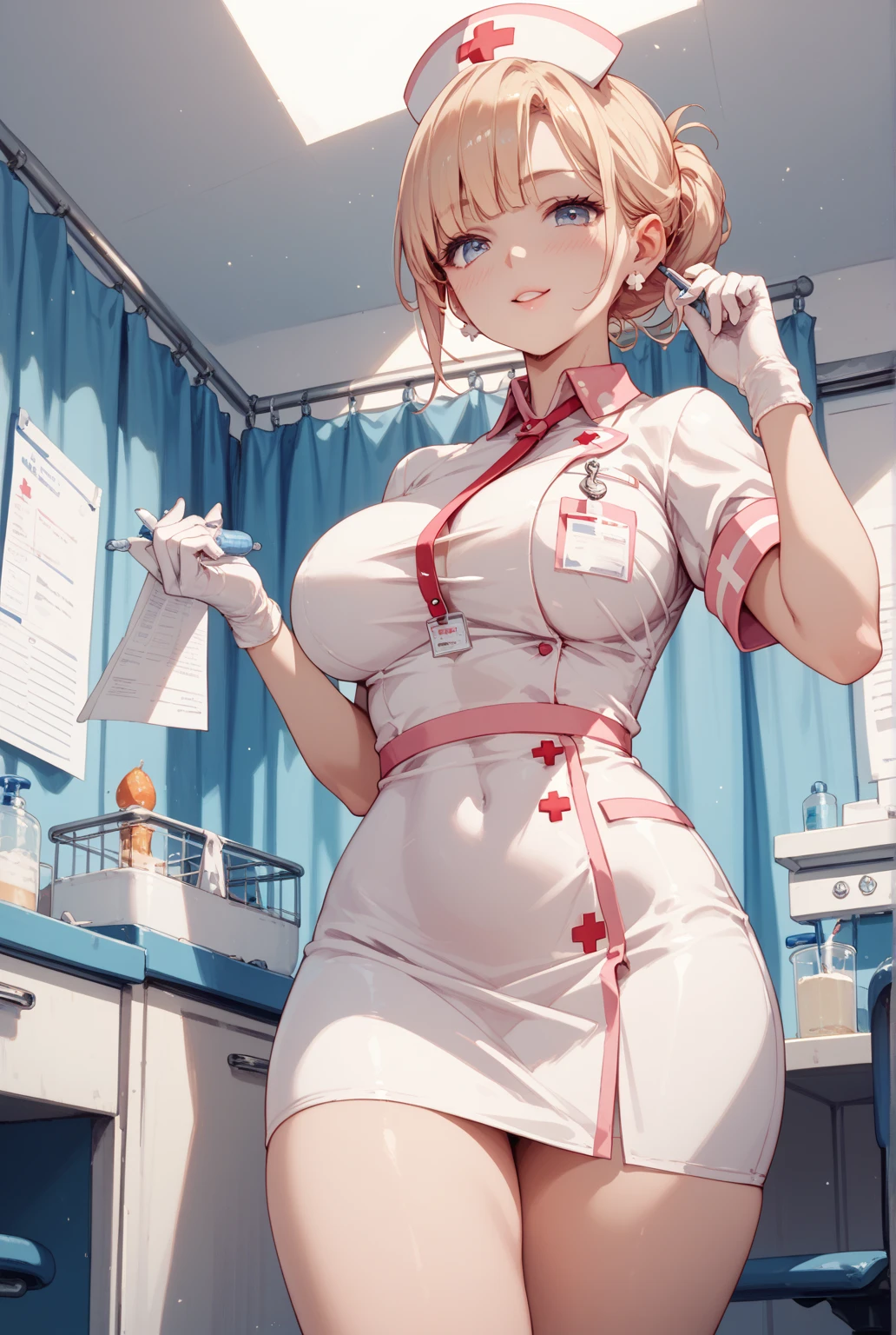 ((masterpiece)), ((best quality)), ((anime profile style)), ((HD 4k)), ((female character)), ((nurse)), ((beautiful body)) , girl, female face, happy, ((fluffy)), (mouth mask), fair skin, ((dragon eyes)), Eyelid, Pupil, Sclera, Iris, eyebrow, eyelashes, ear, nose, ((hair in white red colors)), neck, shoulders, (thin waist), ((perfect belly)), arms, ((thick legs)), ((big thigh)), background scenery, ((in hospital)), details in environment, surrounding objects, ((lighting)), viewer's view