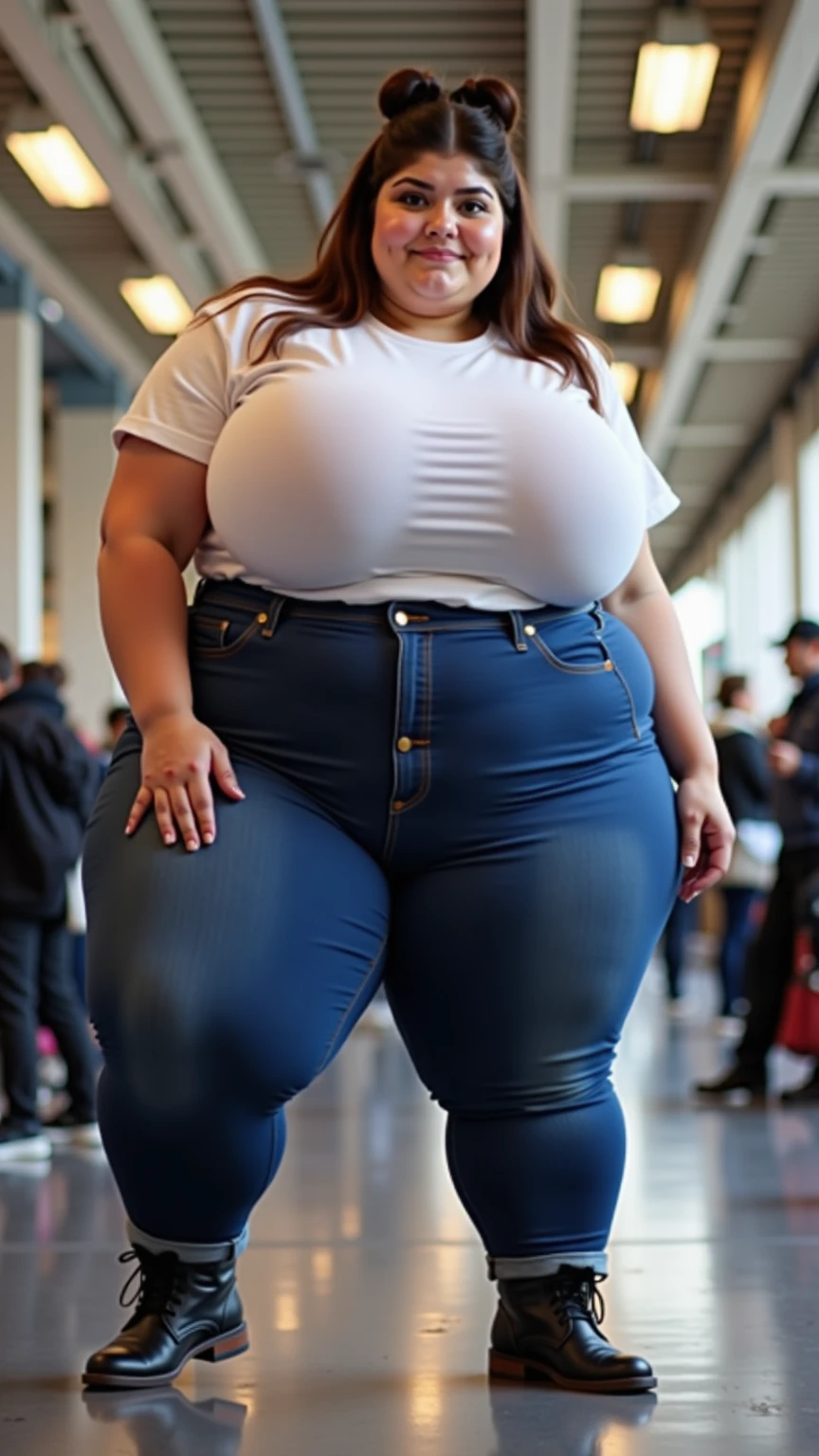 A morbidly obese Bbw, nude body under Jean overalls, large body proportions , love handles, massive breasts, standing in a dark alley