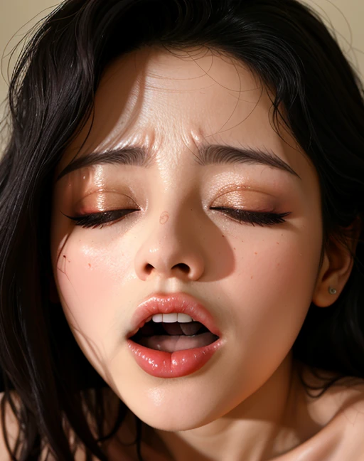 1girl in, Idol, wide shot, full body in frame, Photo, movie, depth of fields, Skin Texture, rubber band, topknot, Long hair, hair messy, hitornfreckles, NSFW, full , 8yk、Raw photo、(Vulgarity:1.5),((Best Quality, 8K, masutepiece: 1.3)), sharp: 1.2, Perfect Body Beauty: 1.4, Slim abs: 1.2, ((Layered Hair Style,: 1.2)), ( Massage parlor: 1.2), Wet: 1.5, Highly detailed face and skin texture, Detailed eyes, Double eyelids, Looking at the camera, full bodyesbian, Bend one leg and spread your legs apart, Choker with a chain ,Face feeling ecstasy, small breasts, full nude, naked, (Photorealistic: 1.4), 21 years old, ((half french and half korean:1.3)), long hair, edgQuality, edgOrgasm,face focus, a woman with her eyes closed and her mouth open ,woman with edgOrgasm_face