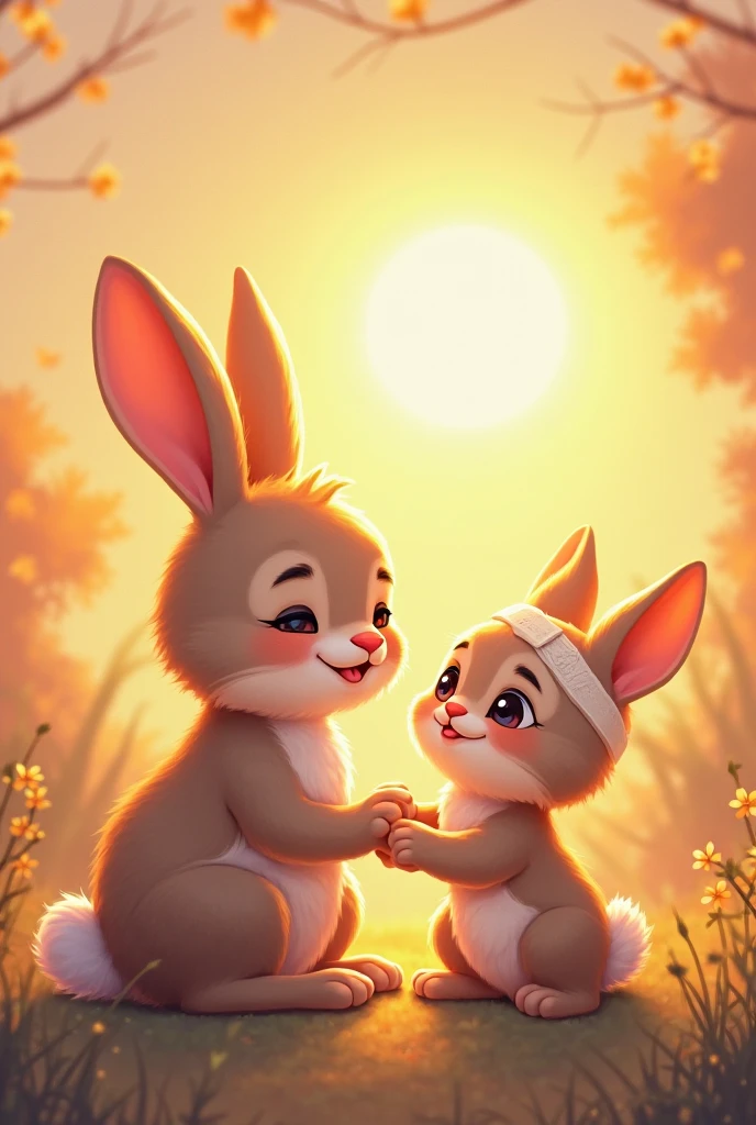 In animation style,"The rabbit has safely returned home and is being hugged by its mother. Both rabbits have relieved and happy expressions, with the forest visible in the background.