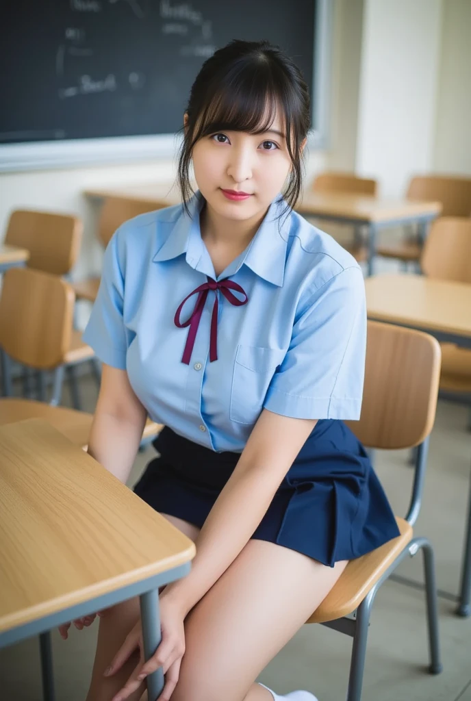 With a super beautiful 18-year-old Japanese high school girl, still wearing her uniform in an empty classroom after school、Cute big tits and shaved pussy、Virginity Graduation Sex