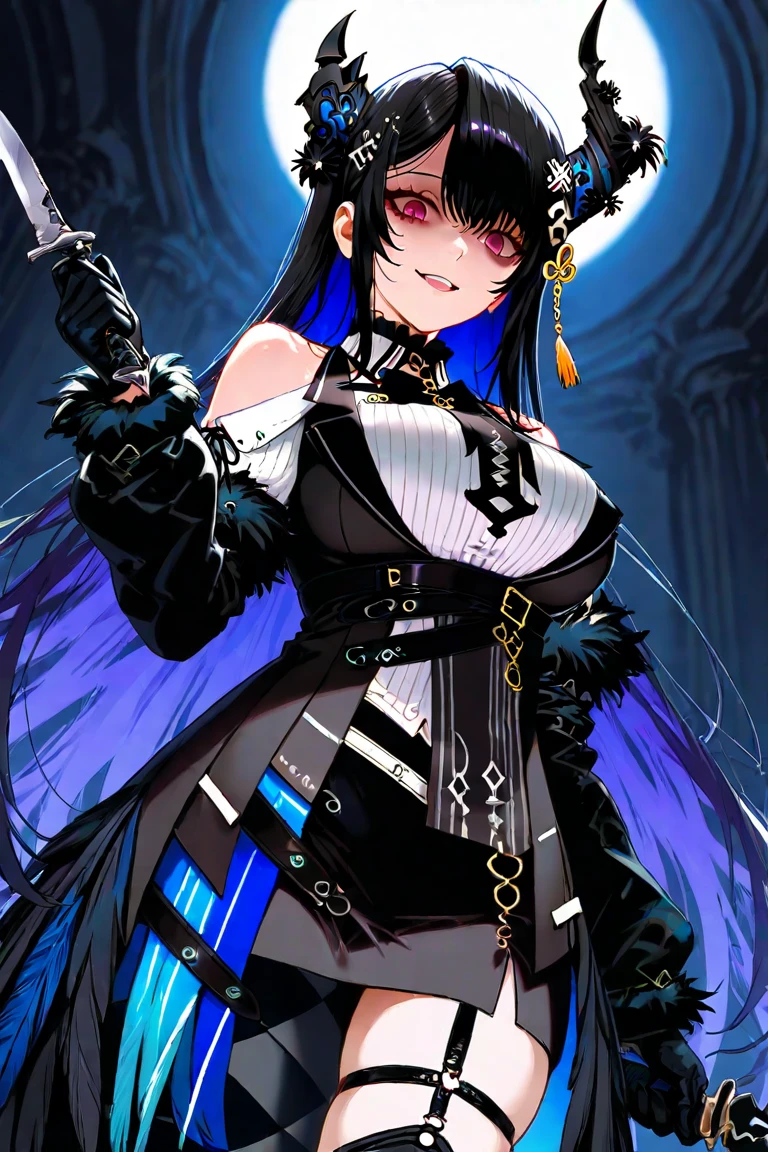 1girl, bangs, dark purple hair half blue, deep and detailed blue eyes, melancholic expression, black leather clothing, serious expression, eyelashes, modern, long hair, slightly wavy hair, neckline, collarbone, black open jacket, lock, medium breasts, shiny skin, badass, seductive, lock, red lips, looking at viewer, closed mouth,cinematic lighting, pale skin, dark background