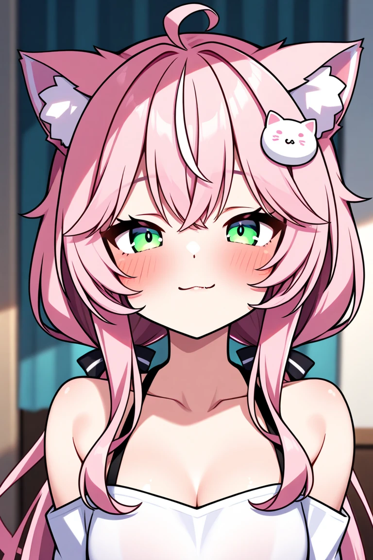 detailed portrait of an anthromorph female, furry, extreme detail, detailed white fluffy fur, very long pink hair, loose tank top, detailed eyes, (shaded), (detailed lighting), (cinematic lighting), (masterpiece, hi res, RAW photo, high resolution, high details, best quality), high definition, (high sharpness:1.3), aqua eyes, big breasts, from below, low perspective from ground, looking down at viewer, floor, play room, fluffy carpet, close up, very close, near, cute, playfully, curious