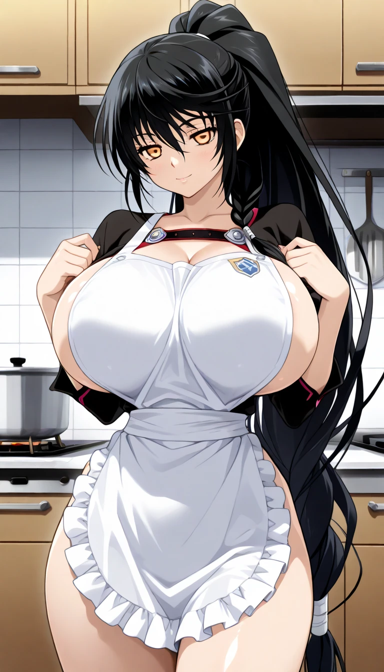 1girl, solo, black hair, butterfly hair ornament, (naked:1.3), (white apron), large breasts, cleavage, thighs, cafe background, (blushing:1.3),brown eyes, mikasa ackerman, standing, realistic eyes, perfect shaped beautiful body