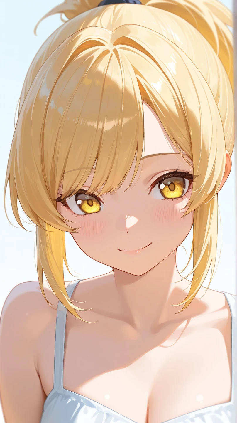 ((Best quality)), perfect face, 1 girl, blonde, in a yellow swimsuit, high, curly hair, long hair on one side of the face ,green-gray eyes