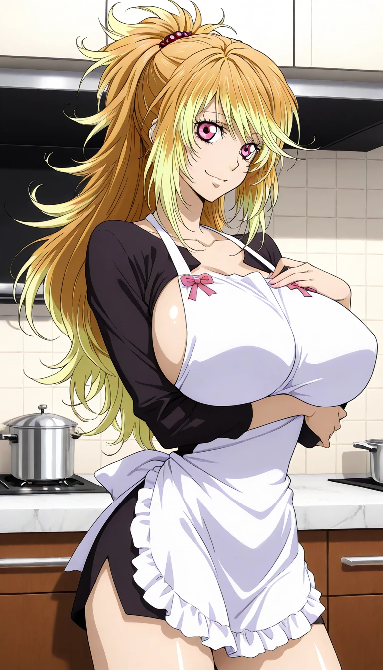 (masterpiece:1.2),(Shiny skin:1.1), Full Body, anime, (anime style:1.5),sexy pose, kitchen background, sexy pose in kitchen, Heart shaped pupils in eyes,Heart eyes, seducive smile (The body is slim:1.1), (Beautiful blonde long hair:1.2), (Huge breasts:1.5), Floating Hair, (bangs), (white apron only), (cowboy shot), horny, close to viewer