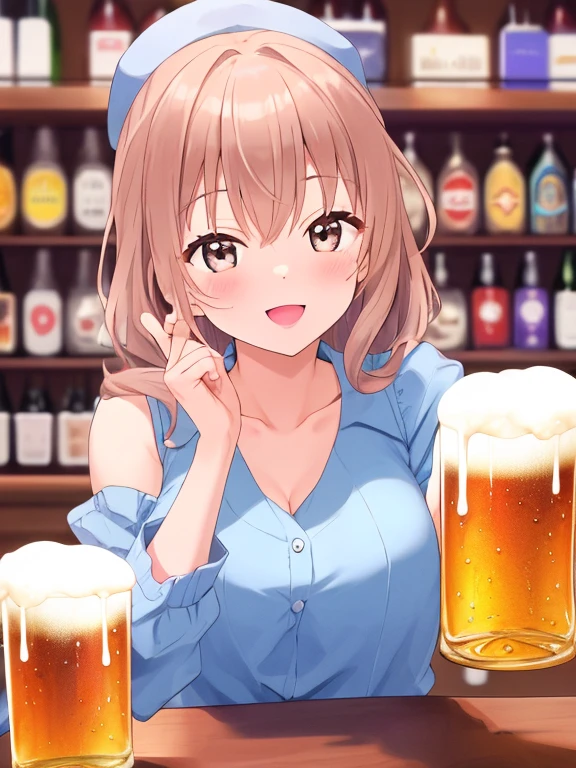 1girl,solo,cute,smile,bigbreast,cleavage,in pub,drink a beer, Japanese style pub,from the front