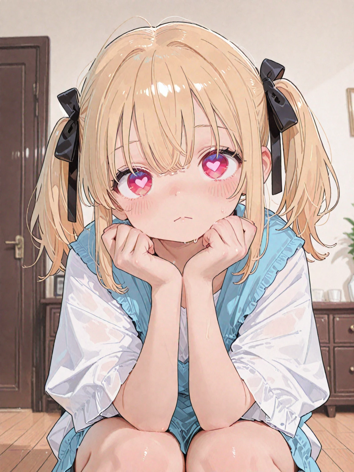 ((nsfw)) ((masterpiece))(best quality)(beautiful detailed eyes) (ultra-detailed) (finely detail) (highres) ((((little female child)))) ((loli)) ((toddler)) ((preschooler)) two side up long blonde hair pink ribbon smock kindergarten preschool blue shirt short sleeves indoors sex in pussy pov hands lying on back on white bed intdoors from above missionary position blue eyes rape scared pain despair ((tears))