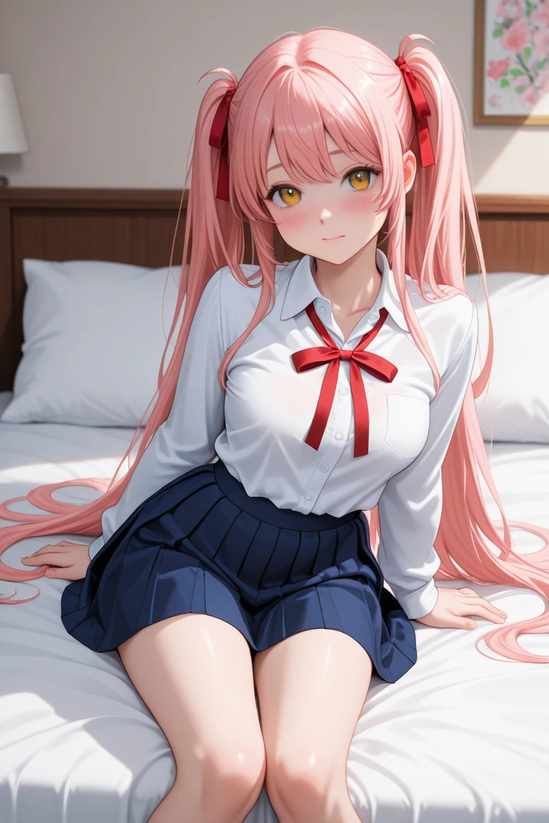 Official Art、Highest quality ultra-detailed CG art、The most beautiful girl in the world：１.２）、Sayla Uniform、Pink Hair、room、young、cute、Transparent white skin、、blue eyes、Thin eyebrows、