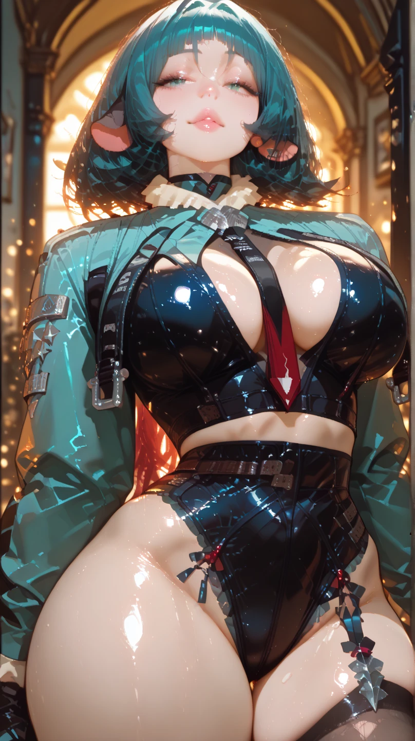 Teal hair, sex slave tattoo, (hairy :1.3), lifting up her shirt, sexy bra, (gigantic breasts), 4k, detailed face, anime stlye girl with large bright highly detailed gray eyes, wild short pixy hair cut hair style, wearing a blue and white skin tight long sleeve painted on top, sexy tongue, (robotic legs).