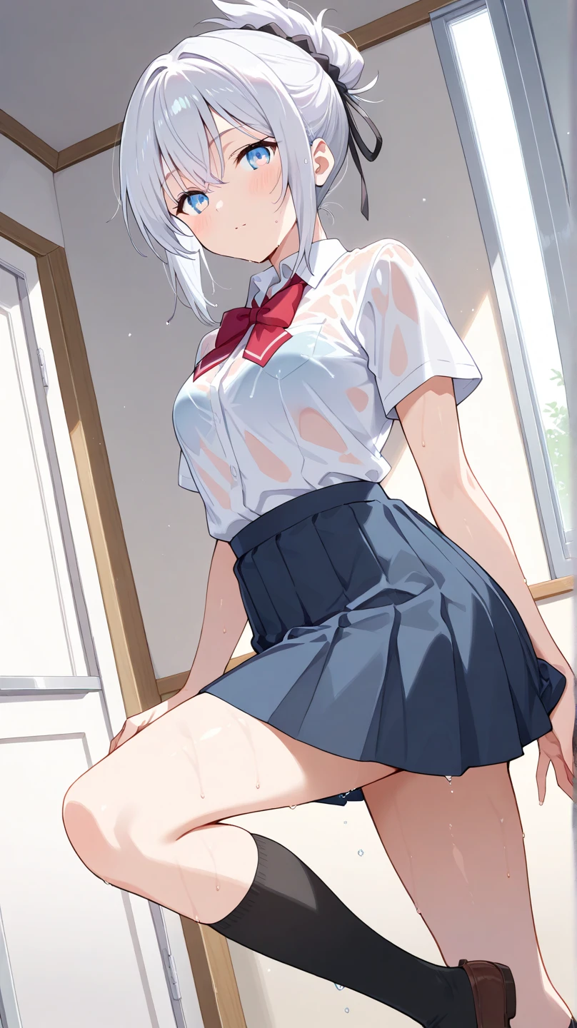Naughty Naughty eyes White Hair , (table humping:1.5), (rubbing the crotch), (School_uniform), (Sailor_suit), classroom, ((Pee on the desk, Humiliated, A lot of pee))), ((Embarrassing)), Transparent pee dripping from between her legs, table,(Suggestive liquid:1.5),