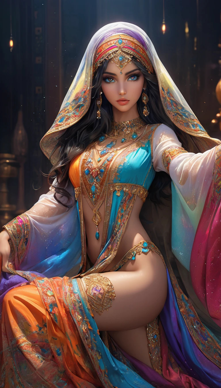 Arabian woman, sensual, full body, beautiful eyes, cinematic lighting, high perspective, 4k, delicate composition, hyper detailed, best quality