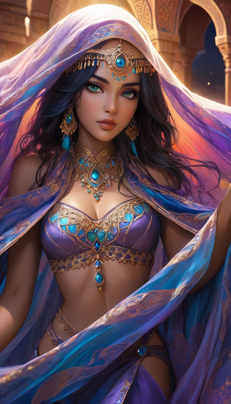 **Vibrant, high-contrast portrait of a beautiful Mexican model with a striking, artistic style. The model has light skin with a soft, almost metallic sheen. The background is a vivid mix of orange and blue hues, creating a dramatic, surreal atmosphere. The model's hair is styled in an elegant updo and is accessorized with a pair of dangling earrings. The overall composition is bold and visually captivating, with a strong emphasis on color contrast and reflective elements**