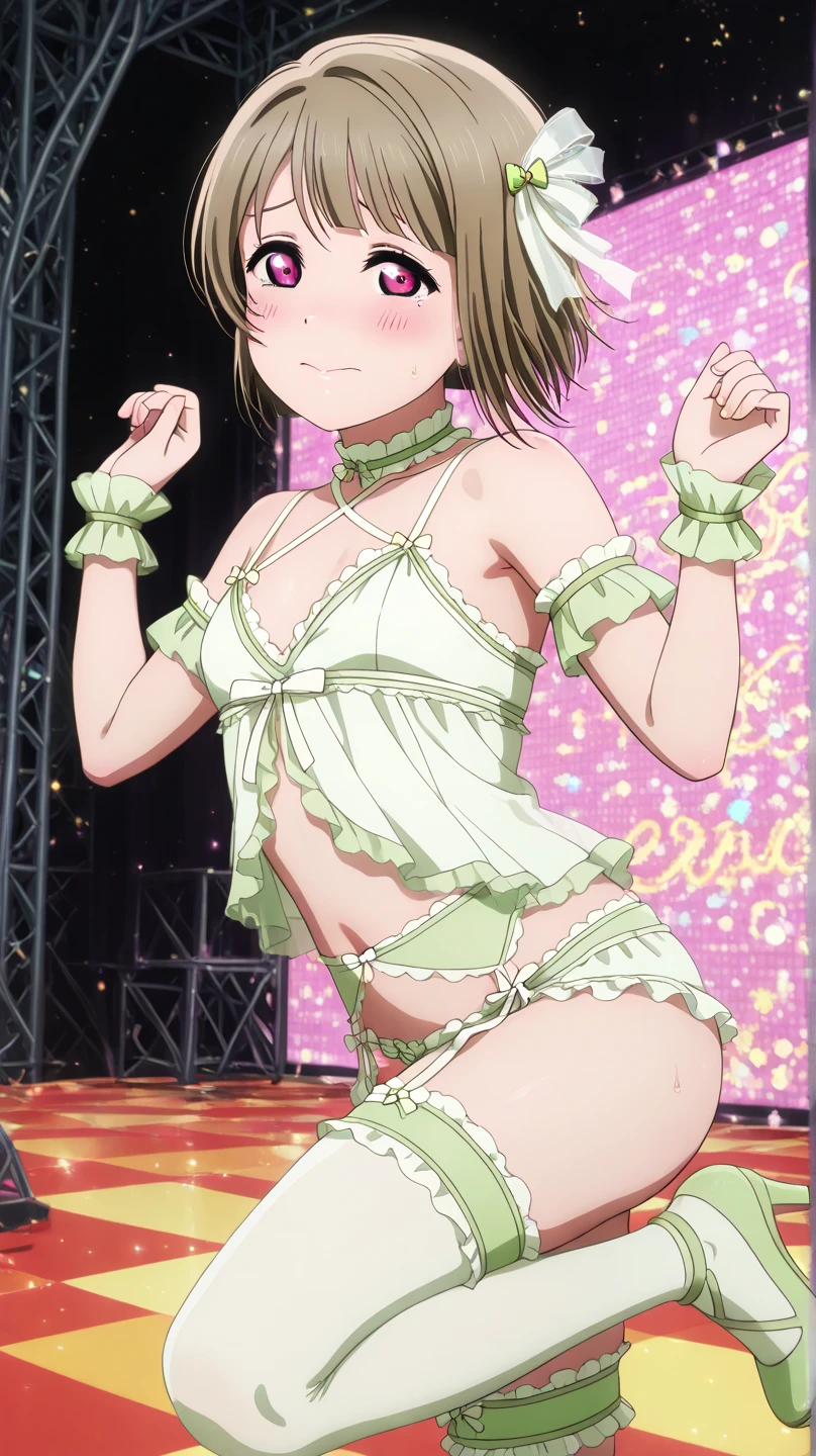 (masterpiece, 4K, Highest quality, anime style: 1.9, Detailed face, cute, bold, High resolution, anime, alone, Curvaceous, Very slim belly, Cowboy Shot, 1 person,(Cow print micro bikini),Naked in a swimsuit looking at the viewers,Pokémon_Yuuri,(On stage),((blush,Surprised face)),(Brown Hair),(Place your hands behind your head),(M-shaped leg spread on stage),barefoot
