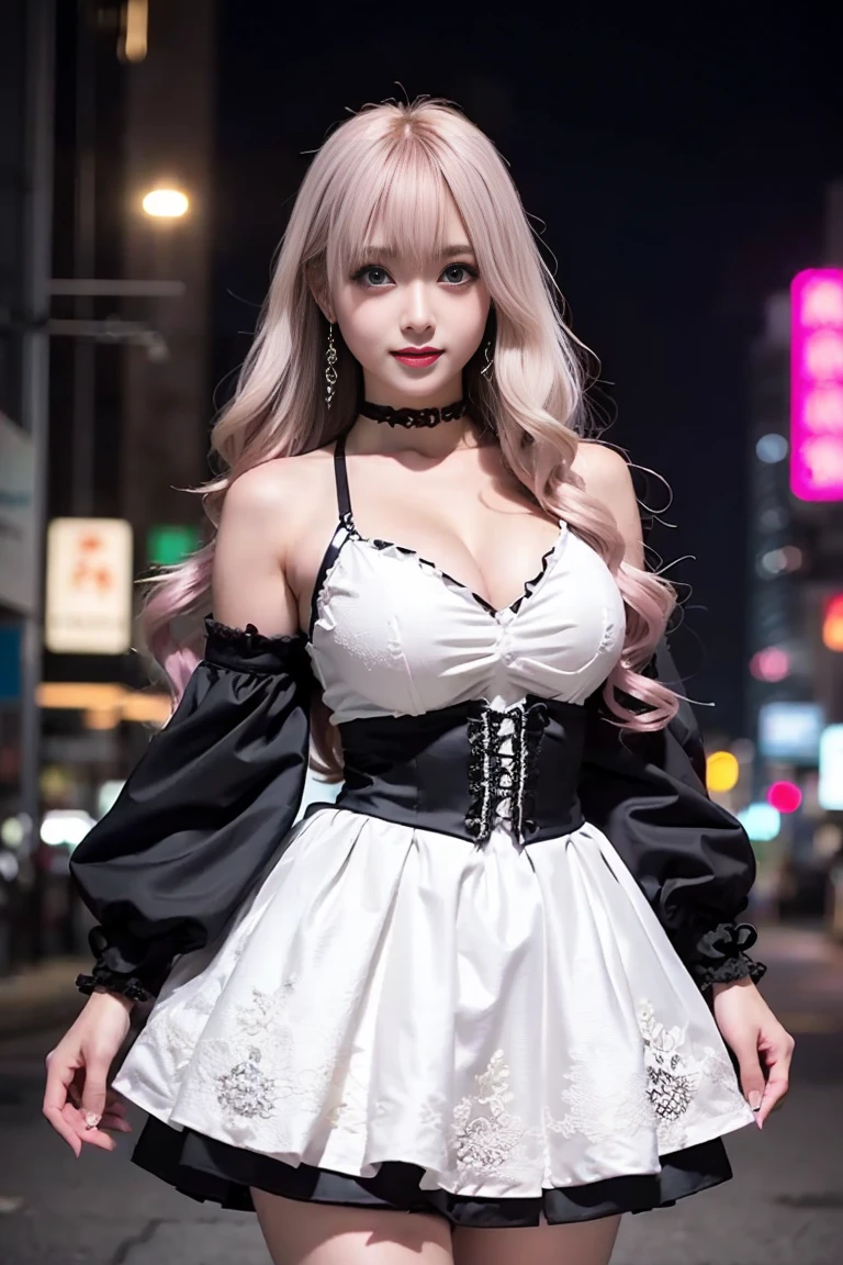 韓国のmature woman,standing in front of the park,(((T Masterpiece))), ((best quality)), ((intricate details)), ((ultra realistic realism)), stupid solution, mature woman, ripe woman, very detailed, An illustration,((large breasts)), perfect hands, detailed fingers, beautiful detailed eyes,(Very long twin tail wavy hair with silver and pink two-tone hair color:1.5), (((Korean style long sleeve gothic lolita costume:1.6, frills, Super mini pleated skirt with plaid pattern, Fishnet tights, black platform knee boots))),Detailed background, perfect eyes, enchanting eyes,mouth slightly open, (((One girl with huge breasts that looks like it's going to explode:1.2)))