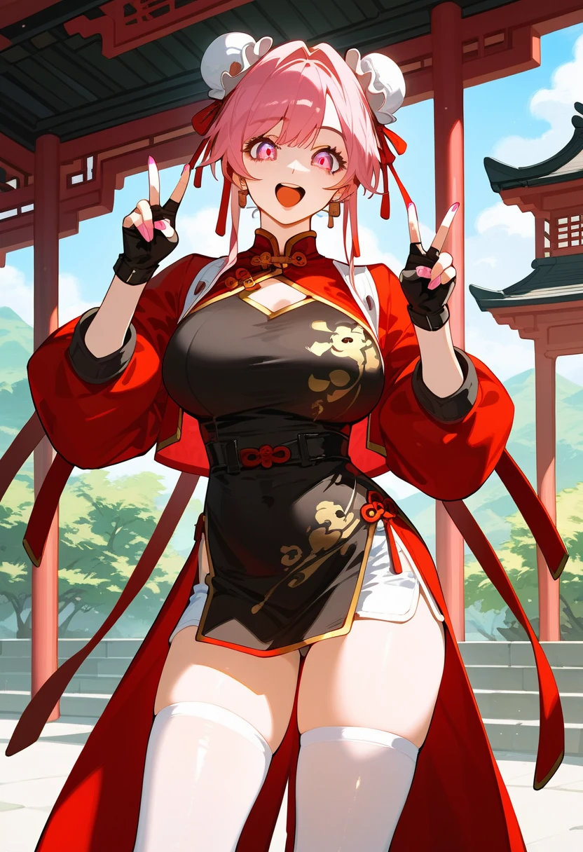 score_9, score_8_up, score_7_up, source_anime, 1girl, solo, (teen:1.5), teenager, teenager aspect, BaikenGGXL, scar on eye, scar across eye, eyepatch, red eye, pink hair, medium ponytail, small breasts, (right arm amputee), cleavage, kimono, multicolored kimono, brown sash, red rope, rope belt, bandages, standing, scared grabbin her shoulder, closed eyes, teeth, screaming, shaking, cowboy shot, looking down, japanese garden, cherry blossom, Oversized Clothes