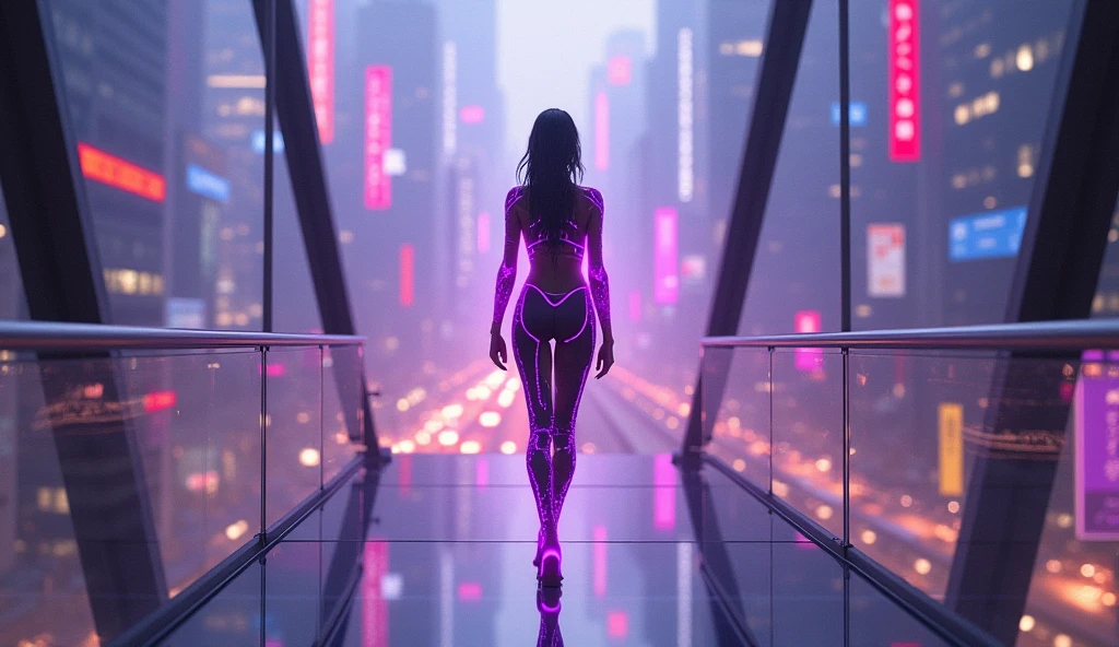 Realistic gymnast girl with her back turned looking at the technological future with neon lights