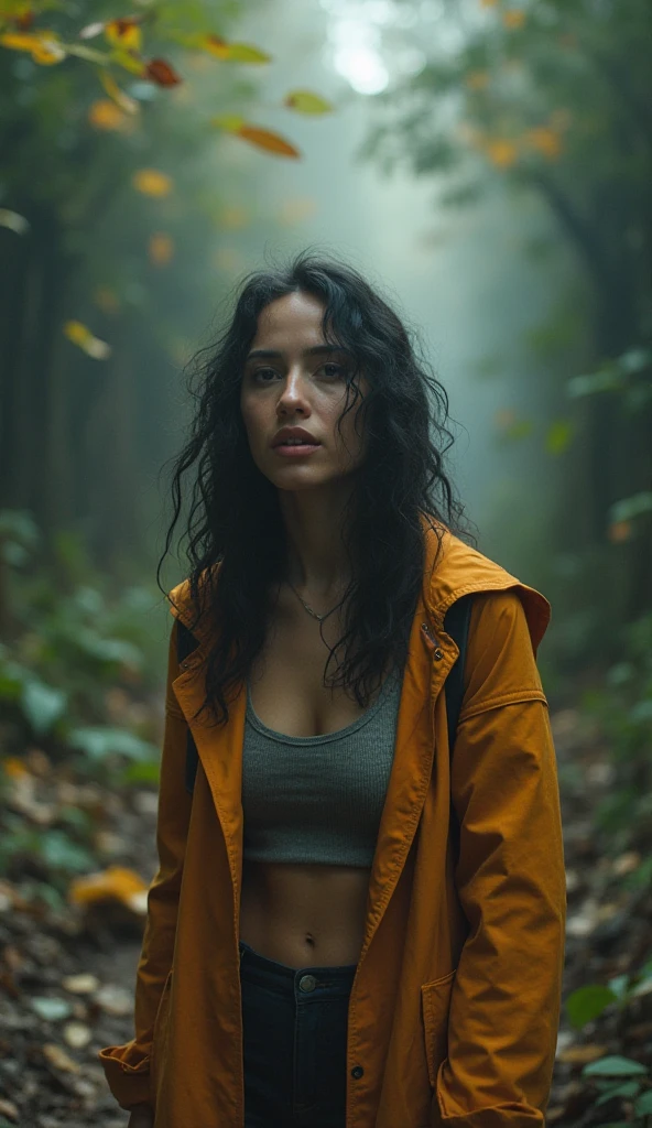 fotografia de uma mulher, (disturbed facial expression), Pele texturizada, arrepio, cabelo afro loiro, camisa xadrez de flanela com jeans boyfriend desgastado, tiro de vaqueiro, dark and mysterious cave with unique rock formations and hidden wonders, olhos perfeitos, (luz de velas,claro-escuro), Porta 160 cor, Tiro em ARRI Alexa 65, Bokeh, sharp focus on subject, filmado por Don McCullin
