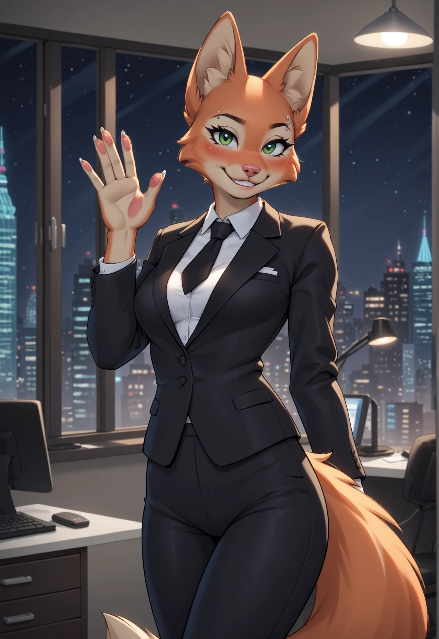 4k, high resolution, best quality, masterpiece, perfect colors, perfect shadows, beautiful and detailed portrait of a (((feminine))), perfect lighting, posted on e621, (by Chunie, by Einshelm), furry, anthro, furry art, ((portrait)), Female fox, red fox, (two-toned fur), furry body black legs from foot to knee,fluffy, fluffy tail, body fur, animal nose,chin fluff, muzzle, Mane,Big fluffy chest tuft, big fluffy neck tuft,fluffy neck, fluffy chest, Lots of fluff, Beautiful brown eyes, fit body, perfect masculine body, detailed fur, detailed face, ((Bonifasko lighting)), fox tail, (detailed eyes), perfect pupils, Tall, brown hair, Brown hair tied in to a pony tail, Wide hips, big legs, B cup breasts, Fluffy neck, Huge Fox tail, Arms white, flight attendant, flight attendant clothing, flight attendant clothes, plane interior background, knee-length skirt, slacks that end at the ankle, Blue jacket