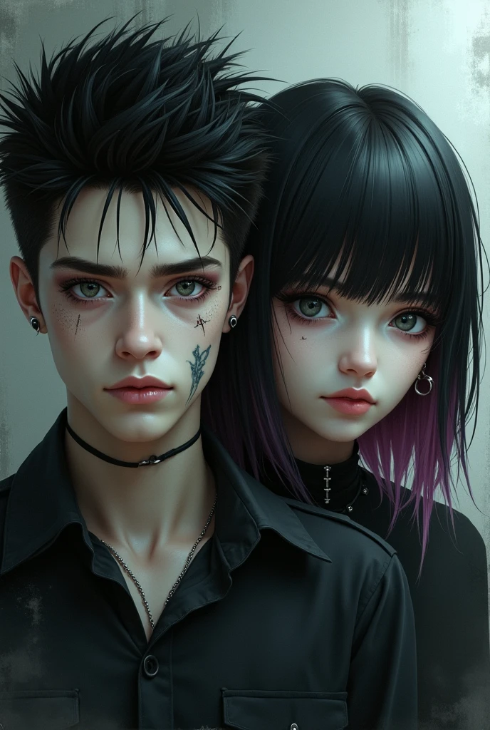 Create a book cover where the background is black, and in front of him are the half faces of two people, a girl with short straight black hair, white skin and black eyes and a slight purple bruise on the eyes, on the other one with curly hair, warm tanned skin, freckles and olive green eyes. The faces would be from the middle outwards , meeting by the ear