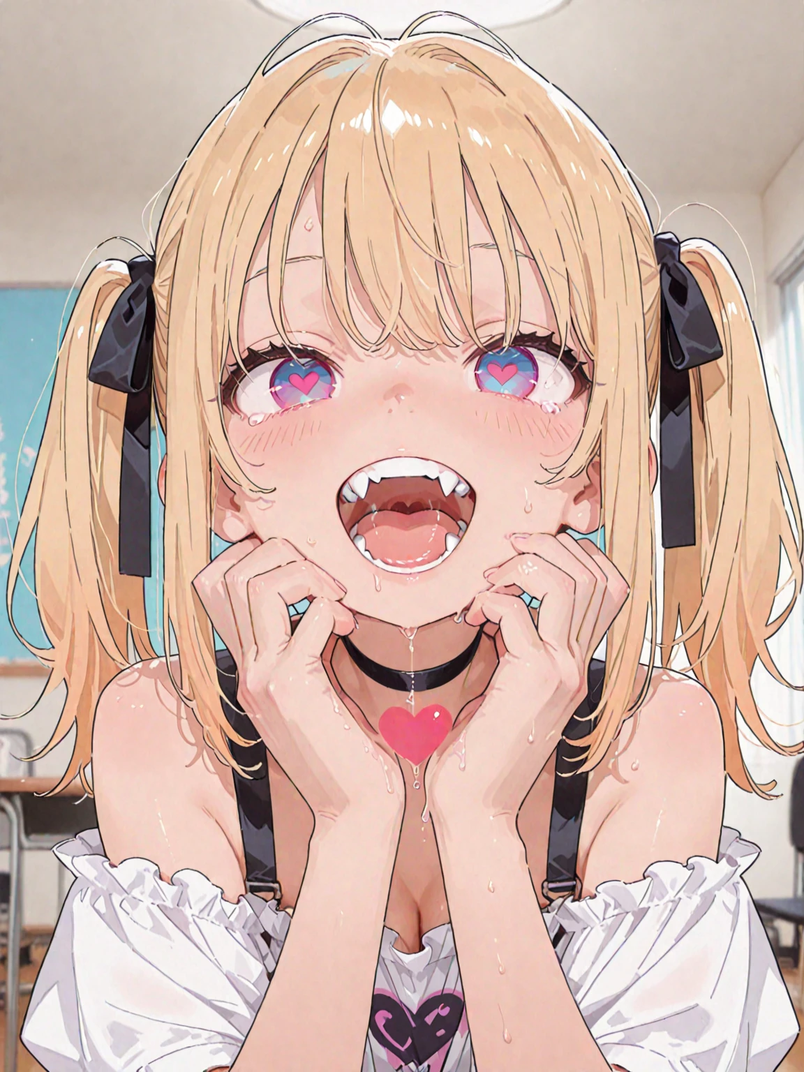 nsfw,(Petite),(A cute boy),blonde low twintails,lips,(Nipple licking voyeur),Sweat,White Breath,(((Drooling))),