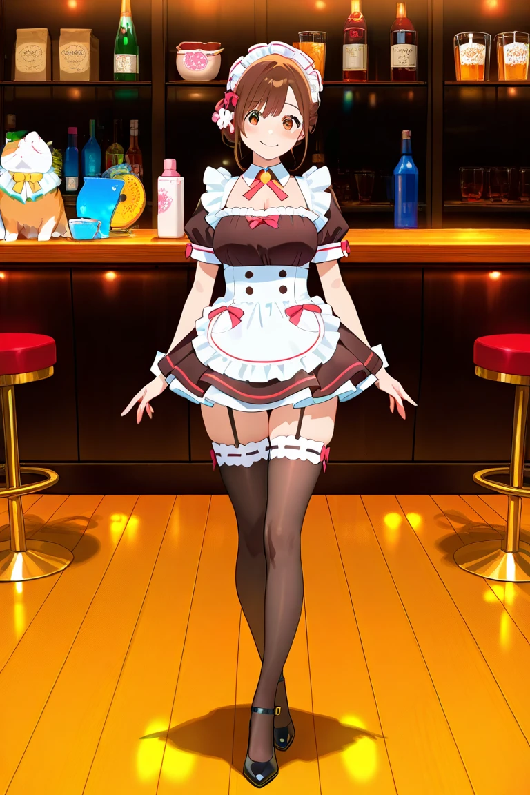 masterpiece,highest quality,kousaka honoka, white shirt, leotard, pantyhose,red tie, black jacket , chest,long hair , twin tails , Bunny ears,at the bar, put your hand on your crotch, cover the crotch