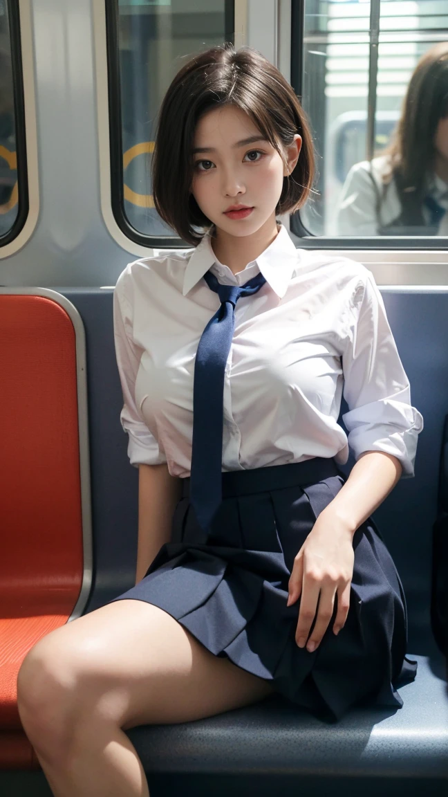 Commuting to school、（Inside the Japanese train:1.8）、（matte gray seat:1.8）、（crowded train:1.8）、sitting on the seat、Angle from directly above、(masterpiece, High resolution, Ultra High resolution, 4K) black hair, 14 year old japanese girl, (school uniform, blazer, school, dark blue skirt, short skirt,1 school bag)、cowboy shot,highest quality, 超High resolution, (realistic:1.4),have bangs、double eyelid、purity、double teeth、ideal skin type、fluffy hair、red cheeks、very beautiful face、(very big round breasts:1.2)、beautiful eyes、detailedな目、drawn in detail、thin and delicate eyebrows、long eyelashes、美しいdouble eyelid、beautiful and very thin legs, High resolution, detailed, RAW photo, movie lighting、socks、loafers、Train window、train advertisement、sunset,smile、curled hair、Glasses、smartphone、short hair