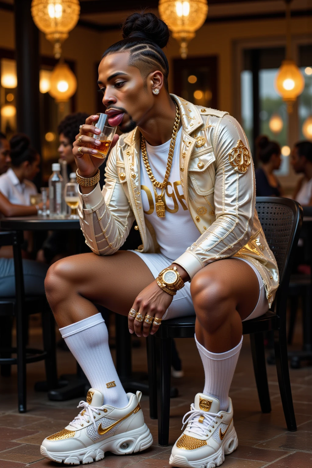 1 short meagre old blond fashion groomed and maked up man, undercut hair extremely massive big siliconed lips, tanned skin, in white bomber jacket, white tight shiny latex shorts, white 'LV' socks, white Buffalo 1348 platform boots, gold and diamond rings, diamond necklaces, gold chains, gold and diamond bracelets, very long golden nails, badly slaped by angry muscular scally boy outside
