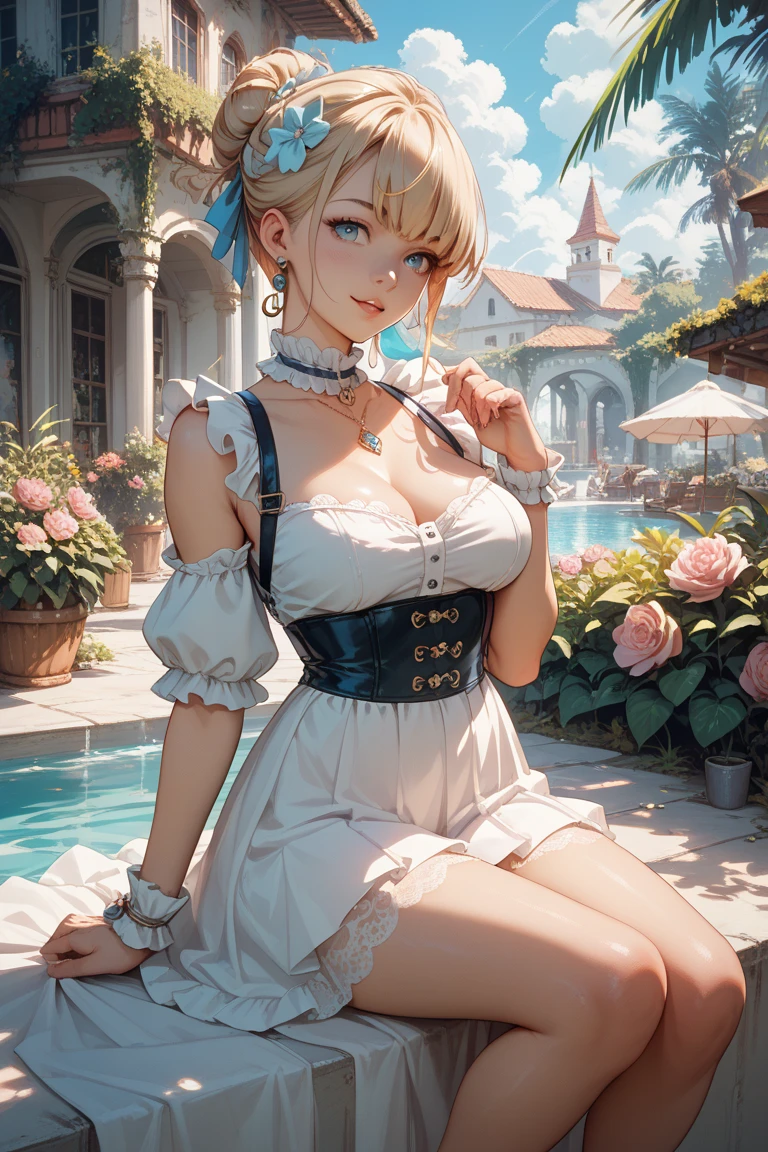 (masterpiece), (Best Quality), (extremely detailed), edith gru is wearing a very short blue dress white apron, black headband, short shoulder length blonde hair, will have a pink chullo on his head, Long white socks up to the height of the buttocks, cute sitting pose with legs open, Her pink vagina will be seen and she will be looking at the viewer with a sensual and seductive face., in a flower garden, (pond), (((Disney castle in the background))), (blue sky), (sunny day), 3D. illustration, Good highlights, perfect proportions, dynamic, professional, awarded, (very detailed skin), (Very detailed face), photorealistic, HdR, ultra high resolution, absurdities, perfect body shape, Nice smile, big breasts, very big buttocks, Wide hips, very sexy,
