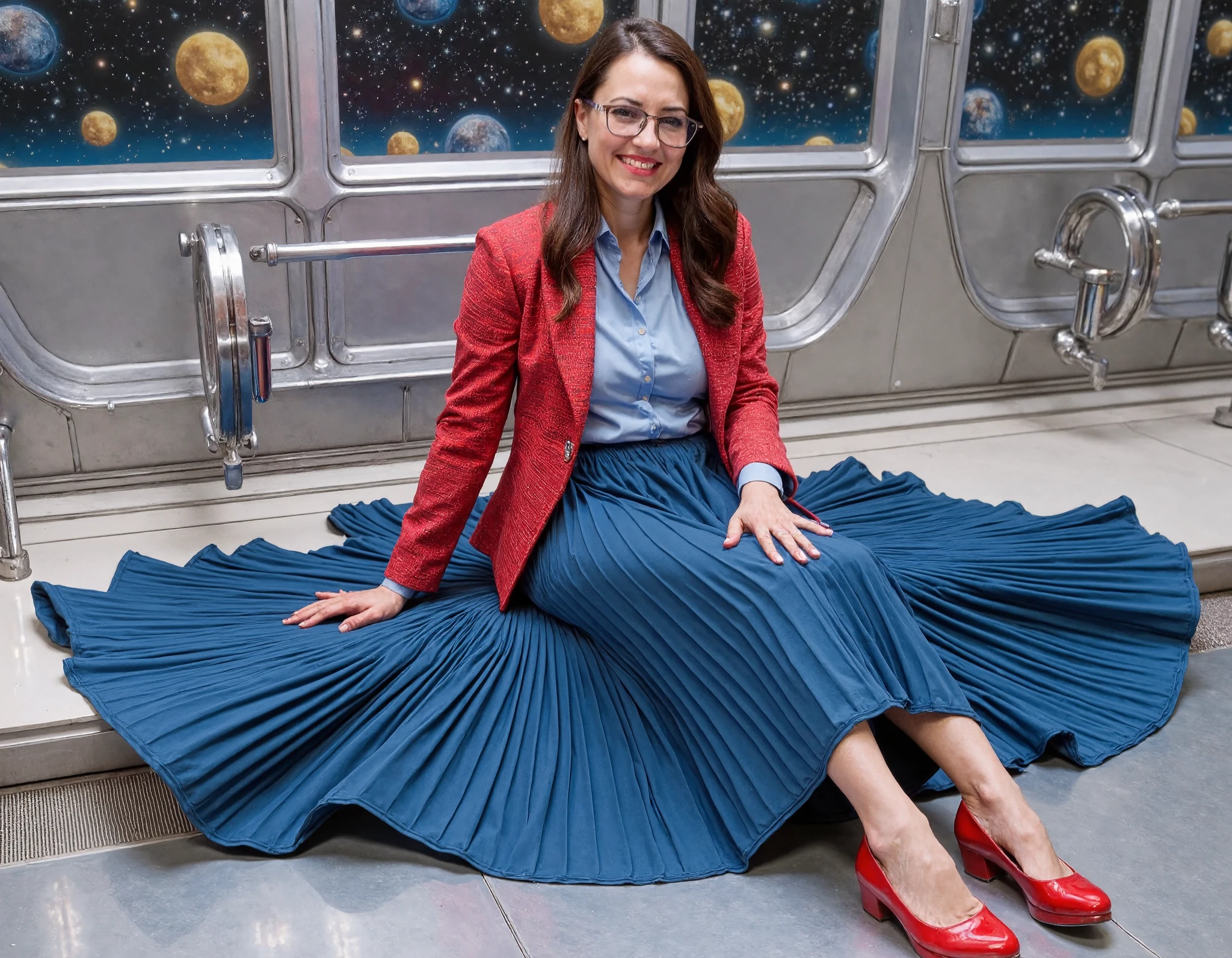 In an interstellar office adorned with vintage charm, a mature therapist, dressed in a crisp uniform jacket and a blouse, reveals her alluring feminine grace. Her long, pleated skirt sweeps dramatically across the metallic floor, each fold a testament to the high-quality 35mm film, capturing the essence of Portra400 or Vision3 200T/500T. The soft focus lens embraces her, blurring the cosmic backdrop of star-studded windows that frame her nurturing embrace. She sits on the edge of her desk, her modest low-heel shoes hinting at a flirtatious posture. Her gentle smile is enhanced by the warm golden light that kisses her flushed skin and glistening sweat, while her glasses reflect the moonlit dance of distant galaxies. The soft, seductive arch of her legs invites closeness, and her blushing cheeks and parted lips whisper promises of a passionate embrace. The spacecraft's interior, a blend of retro-futuristic elegance and modern ergonomics, is bathed in a sensual ambience that resonates with the therapist's longing gaze. The composition is a masterful blend of intimate framing and the vastness of the cosmos, highlighting the stark contrast between her tender touch and the cold steel of the spaceship. The lighting, a symphony of artificial warmth and ethereal moonbeams, casts long, dramatic shadows that play upon her form, emphasizing the contours of her body and the sharp creases in her skirt. Her eyes, filled with a mix of empathy and desire, beckon you into the heart of the frame, inviting you to explore the depths of her soul in this erotically charged, celestial sanctuary.