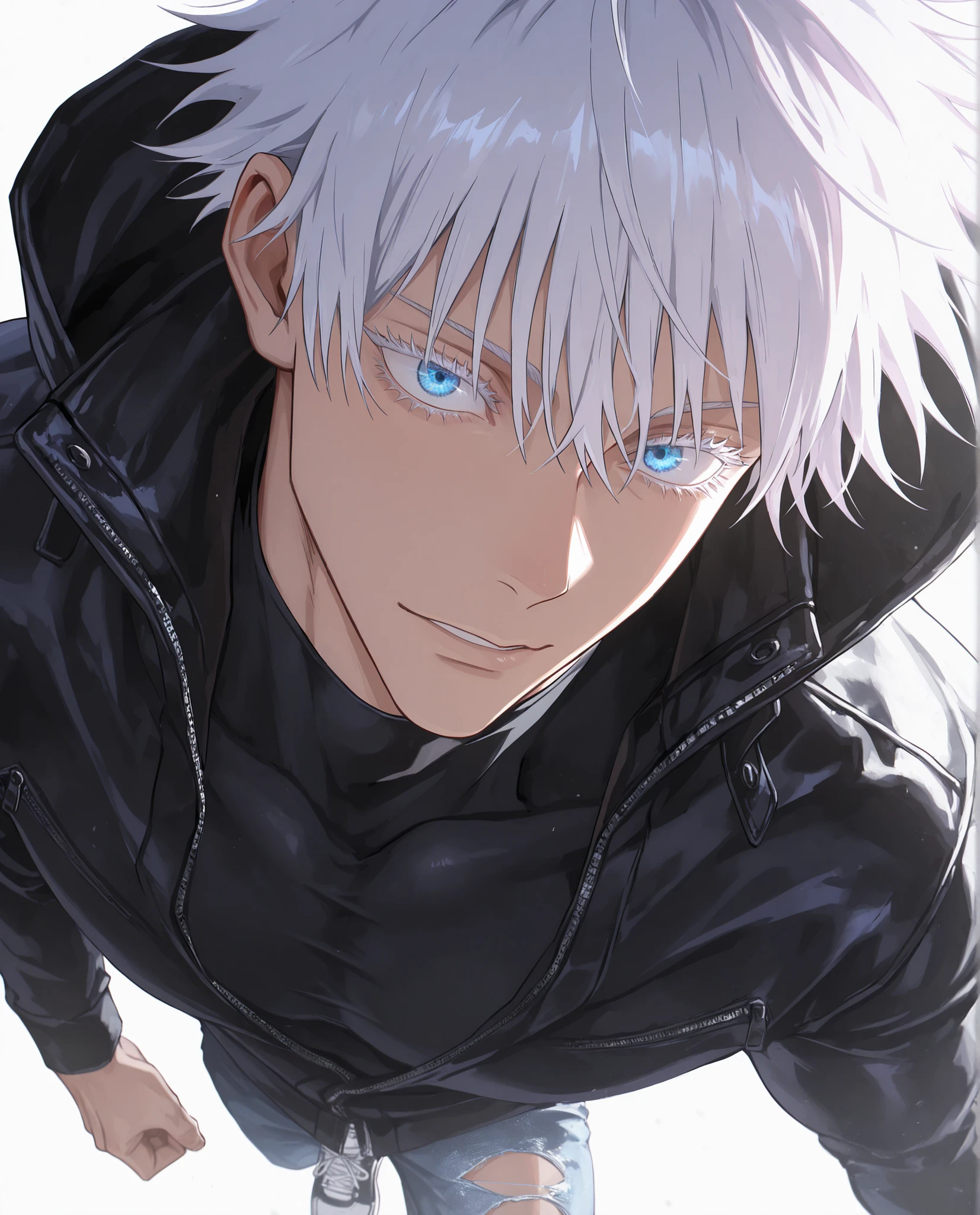 (masterpiece:1.2), (best quality:1.2), (very aesthetic:1.2), ,(newest),(highly detailed),(dynamic lighting),(cinematic lighting),1man, adult, male focus, gojou satoru, jujutsu kaisen, white hair, short hair, ((hair between eyes)), colored eyelashes, white eyelashes, blue eyes, intricate eye iris, detailed eyes, muscular male, sexy man, handsome man, handsome face,
,solo, cool_man_style, male cool clothes, cool fashion, intricate clothes, intricate accessories, intricate patterns, cool, stylish, compression shirt, black leather jacket, torn jeans, sneakers,  standing , upper body , (portrait), looking at forward,dynamic angle,cinematic lighting , cinematic angle, soft light , color detail, backlighting,long exposure,  intricate colors, vibrant colors, ,8K, UHD, abstract background, white background,  best quality, soft lines, clear details 