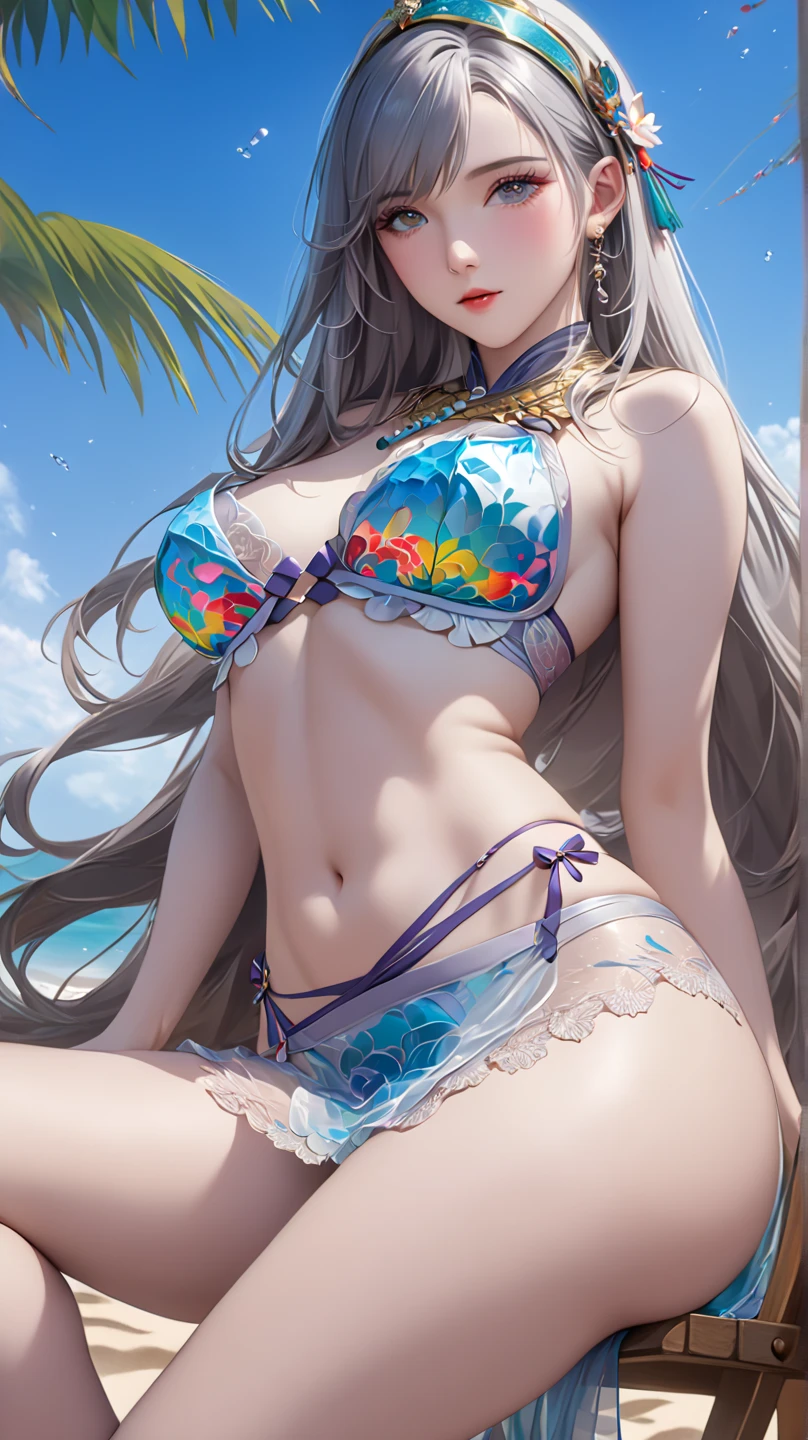 masterpiece、Background with((sea side、sand beach))、15yo student、a beauty girl、Silvery hair、huge tit、Detailed embroidery on the bikini、 Get on your knees、Open your crotch、perspiring、Hair wetness、I'm putting my hair together