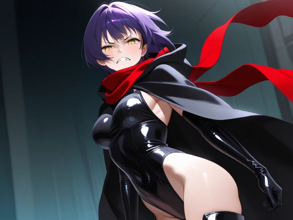 (masterpiece, highest quality:1.2), 1 girl, alone,Are standing_Split, 1girl, solo, full body, volumetric lighting, raven, 1girl, solo, blush, short hair, purple eyes, purple hair, cape, colored skin, anger vein, grey skin, forehead jewel