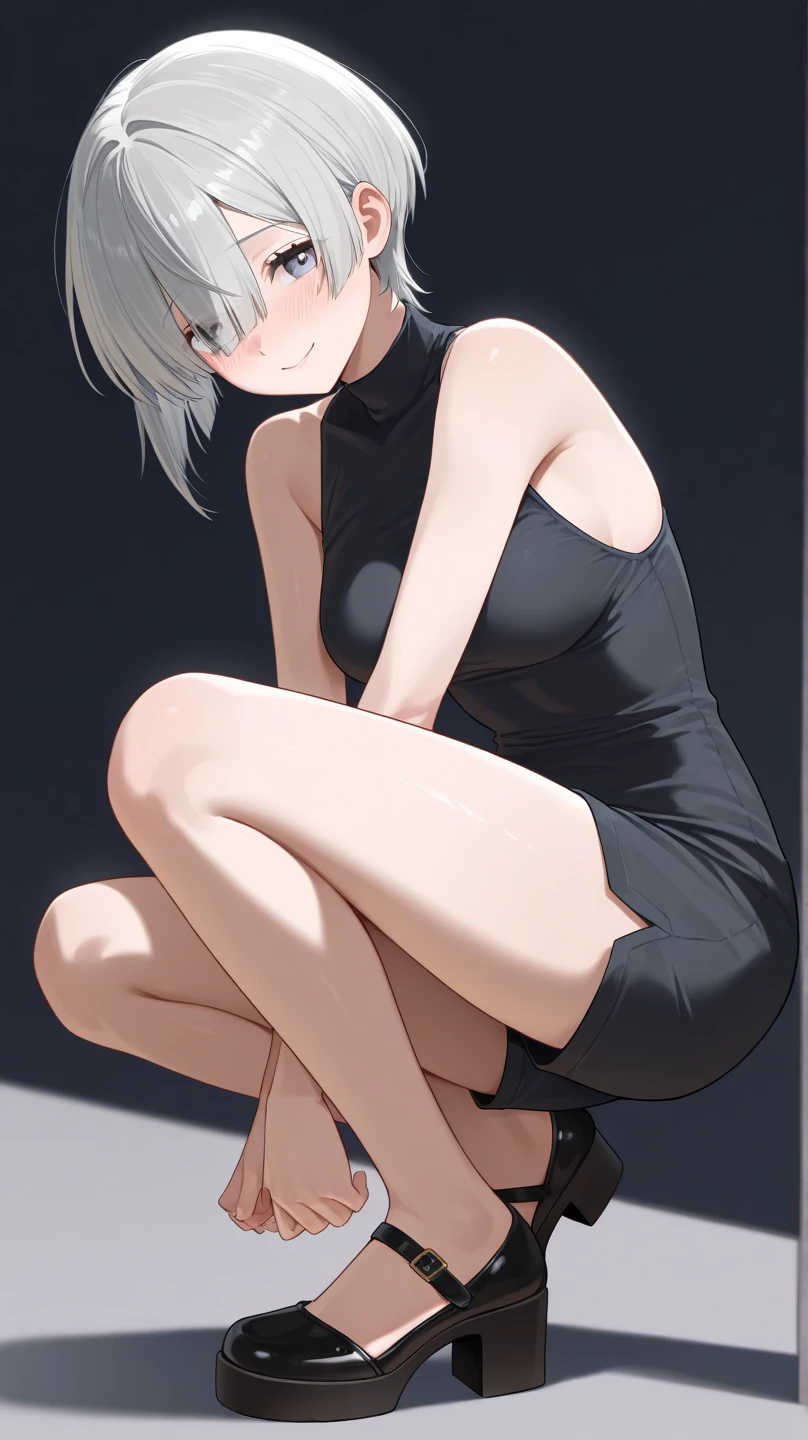 masterpiece, extra limbs,(1 child),(light gray shaggy cut), slant eyes, blank navy eyes, flat chest small nipples small  areolas,pale white skin athlete skinny body,sullen,on one knee,(((clothed ninja))),alley,midnight