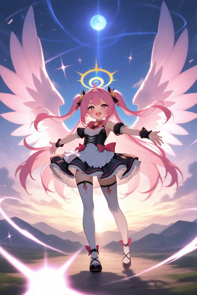 female, anime girl, image is front view of her body, cute face smiling, long loose pink anime side hair to the waist, valentines off shoulder with white heart in the middle, white and pink shorts with pink and white socks, white wings, pink halo on top of head, full body, cute pose, cute style body, pink gradient background, pink eyes, white butterflies around her, youtube banner, have body in the center, background be the top and bottom, have the girl in the center and smaller, more background, smaller character,