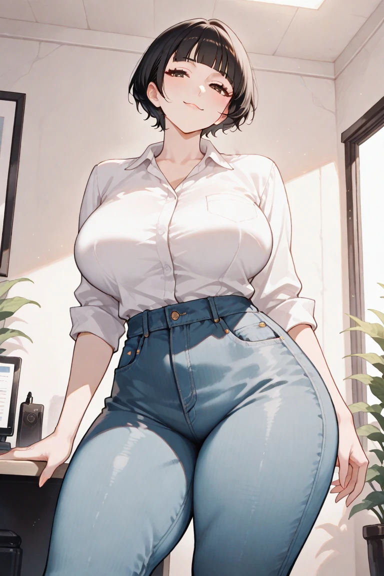 20 years old,1 girl, extremely thick thighs, hyperrealistic, 8k, (extremely detailed 8k), (very delicate and beautiful), (masterpiece), (better quality:1.0), (ultra high resolution:1.0), (masterpiece, best quality), cute,black hair,laugh with open mouth,gleaming skin,, short sleeve shirt,leaning forward,reaching out,low angle,white back screen