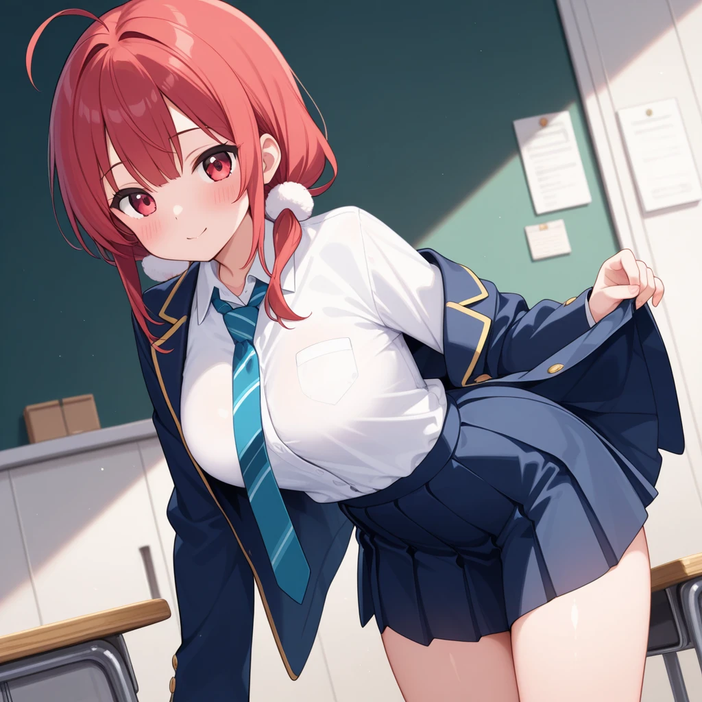 Big breasts, red hair, blue eyes, droopy eyes, red jacket, long sleeves, navy skirt, elementary school student, super big breasts, (medium hair: 1), baggy clothes, elementary school student, young face, short height, 10 years old, old, shy Agari, smiling a little, trying to unbutton his shirt in the classroom, white shirt, soft hair，her bra is visible, (a red bra:1.5)，(skirt lift :1.6)，panty shot，red panties