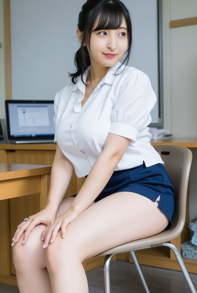 table top, highest quality, 超A high resolution,(photo-realistic:1.4) (Depth of the bounds written),(lens glow) ,18 ~ Random age between 35 years, Jacket、blouse:1.5、office room:1.5、beautiful japanese woman:1.5、Random hairstyles for short hair or updo、company employee、sexy ass、sit on a chair、smile、Tight Skirt:1.5、sexy thighs:1.5、Beautiful legs with bare skin、Full body shot、cleavage、Fair skin、multiple moles、Display the age number in small size on the desk