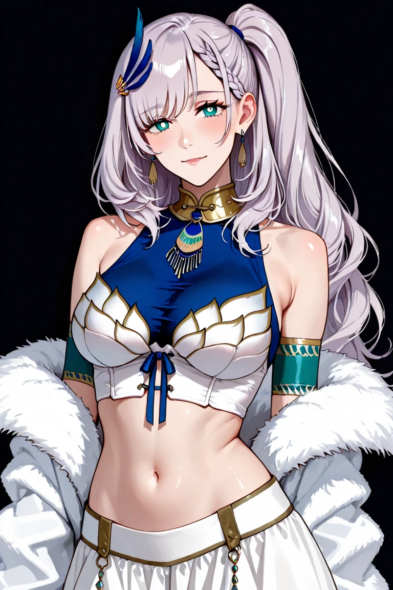 (masterpiece, best quality), 1girl,  beautiful face,  <lora:reinepavolia-lora-nochekaiser:1> reine pavolia, blue eyes, braid, braided bangs, light purple hair, parted bangs, ponytail, single braid, bangle, black nails, blue dress, bracelet, brooch, clothing cutout, detached sleeves, dress, earrings, feather hair ornament, feathers, jewelry, midriff, nail polish, navel, navel cutout, taut clothes,