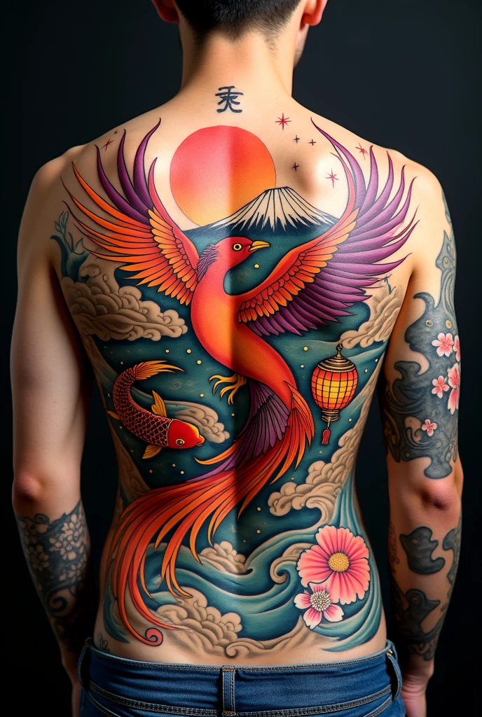 Back Tattoo, a highly detailed tattoo of a phoenix on a woman's back, intricate phoenix feathers, stunning details, realistic skin textures, dramatic lighting, cinematic composition, dramatic contrast, glowing eyes, powerful dynamic pose, moody dark colors, intricate ornate patterns, photorealistic, 8k, best quality, masterpiece