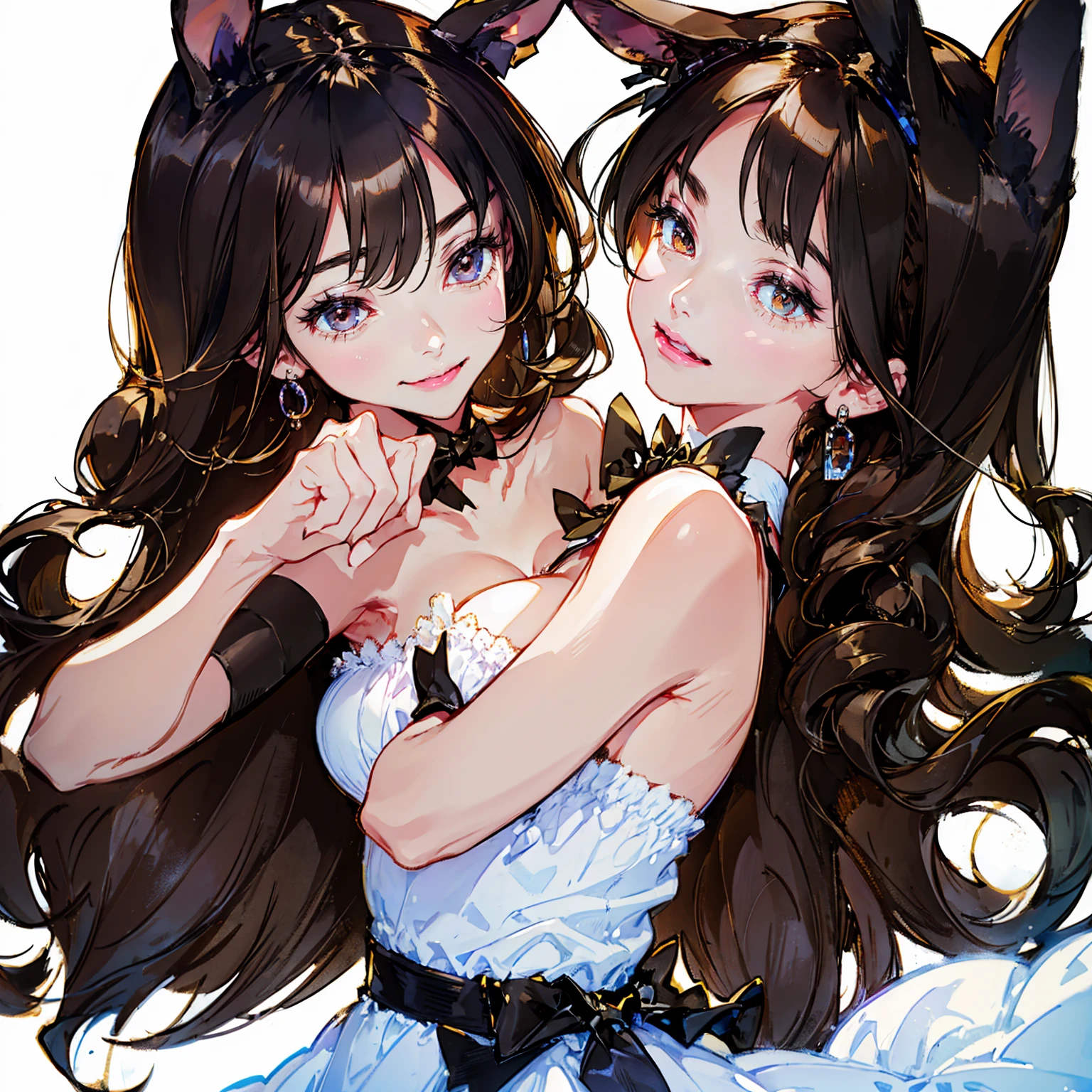 Light brown hair, pink eyes, body, cat ears, girl, earrings, heart background fantasy, princess, godly, hair bows,  happy face, red dress