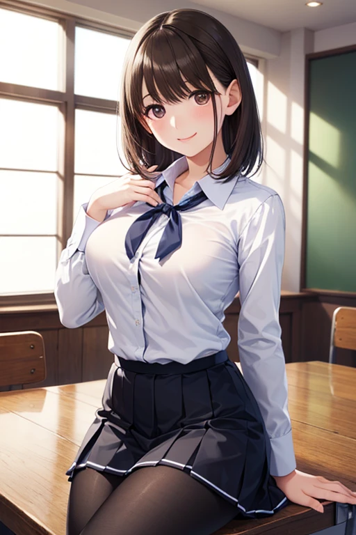 (masterpiece、highest quality)、Beautiful illustrations、Gazing at the viewer、Beautiful thighs、Front view、1 girl、Mature high school girl、A high school girl who looks 25 years old、Shiny skin、(ponytail)、Big eyes、Long eyelashes、very tall、 Beautiful Hair、Beautiful Face、Beautiful Eyes、 Beautiful breasts、Beautiful thighs、Beautiful legs、Beautiful fingers、(((brown knit vest、Short sleeve white collar shirt、Navy Pleated Skirt)))、((Red bow tie))、(In the classroom)、Are standing、((smile))、(((((Skirt lift with both hands、I can see her panties and black pantyhose)))))