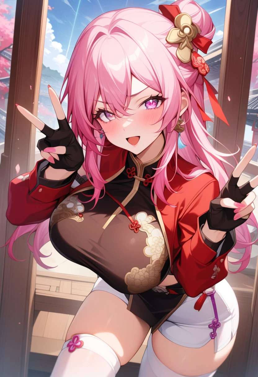 Wicked Smile、((Grin))　Pink hair bun　Troubled face　Low - Angle　front　Back white　Background white　Small breasts　Red Chinese clothing　garter belt　Amia Misty stockings　Big eyes　Hearts in the eyes　Ring Earrings　Sweat　Embarrassed