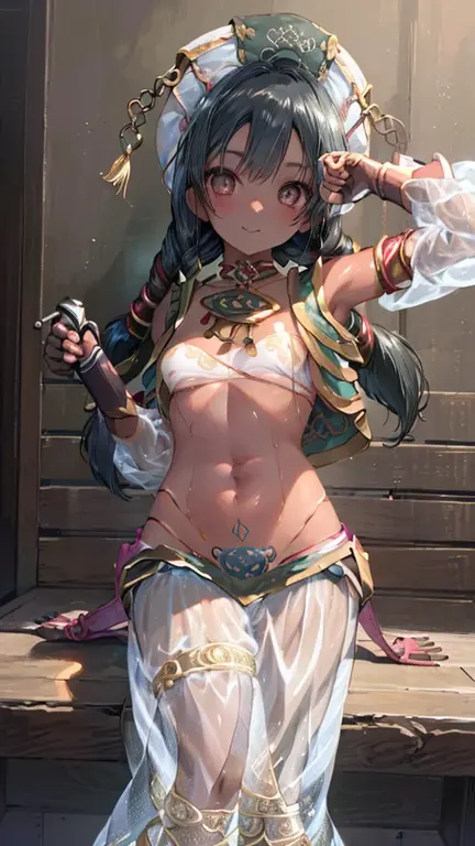 masterpiece, best quality, beautiful art, high resolution, well formed hands, body and fingers, 1 woman, solo, Xiangling, wearing a slave Leia outfit, adult, big breasted, cleavage, full body, sexy and skimpy outfit , gorgeous legs and thighs , she is fighting in a combat match, showing her fighting skills, making her guard, about to hit the viewer, looking at the viewer, sweating, bouncing breasts, smiling joyfully and brightly, being confident and proud, action and fighting scene, martial arts tournament with beach environment