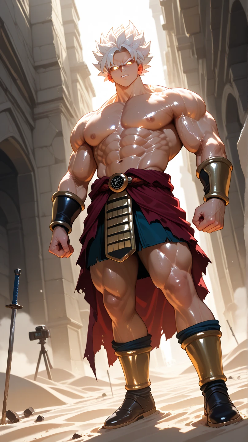 A gray-haired Roman centurion with no shirt A full body obese bodybuilder with a very sweaty body An extremely muscular and extremely fat old man over 70 years old weighing over 600 pounds Very muscular very hairy with large pecs with dark nipples and gynecomastia in a landscape of a Tuscan field with a stormy sky in the rain with a short leather skirt and brass details